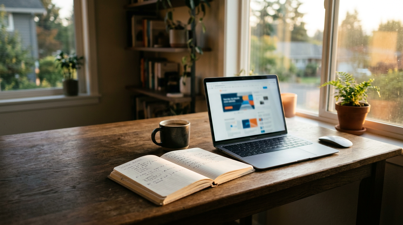 Mesa de trabalho em home office com luz quente